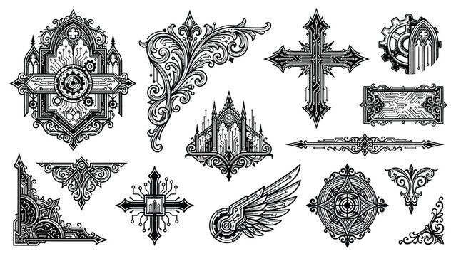 Ornate gothic steampunk decorative elements and Victorian flourishes collection.
