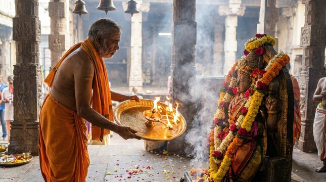 Priest Performing Ritual: An Indian priest in saffron robes conducts a sacred ritual, holding a plate of burning oil lamps before an ornate statue adorned with garlands.