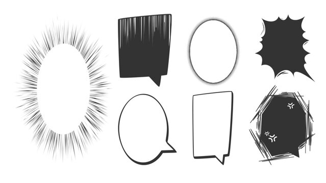 Comic speech bubbles, manga cartoon dialogue frames. Vector templates for text, conversation bursts, thought balloons in retro pop art style. Anime 3d talk boxes wirh shining stars, serifs, doodle set