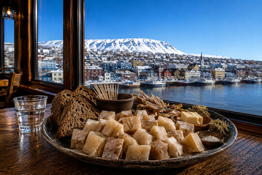 Authentic Icelandic H&aacute;karl Platter with Traditional Nordic Accompaniments and Winter Akureyri Harbor View