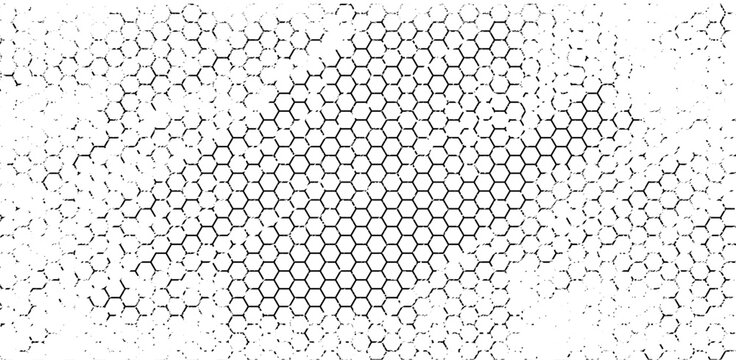 Sketch hexagon pattern with grunge texture, abstract vector background. Rough honeycomb seamless design, distressed overlay, black white worn scratched print with abstract splatter elements