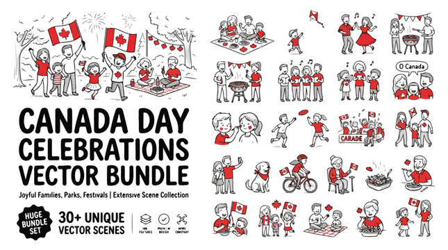 Canada Day celebrations vector bundle, 30 unique scenes of joyful families and festivals, hand drawn doodle set for national holiday events