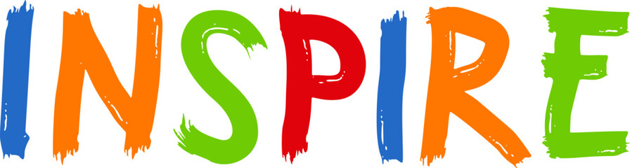 The word INSPIRE written in vibrant, multi-colored, brushstroke-style letters on a white background, conveying creativity and motivation. © Hamim