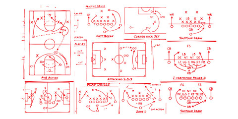 Set of various sports tactics and plays drawn on diagrams for basketball and american football © md