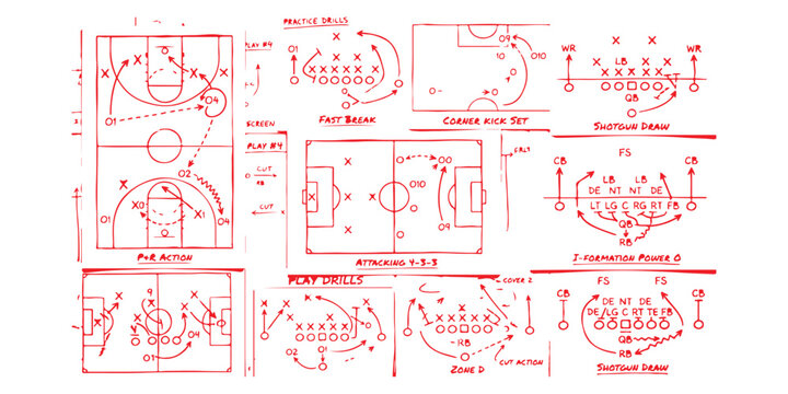Set of various sports tactics and plays drawn on diagrams for basketball and american football