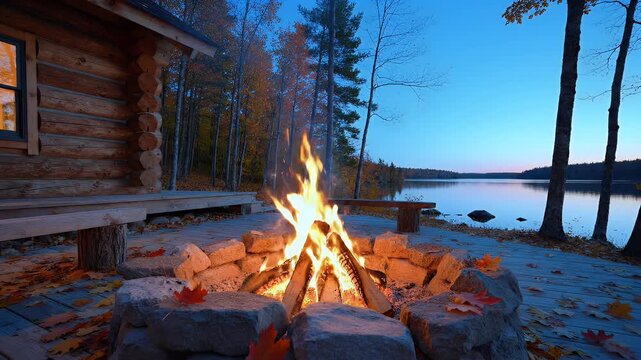 Cozy campfire outside a rustic log cabin by a tranquil lake at twilight
