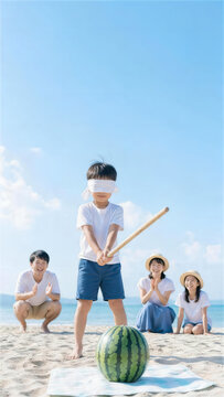 白い砂浜でスイカ割りを楽しむ日本人家族の夏イベント