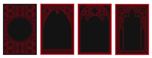 Gothic cathedral window frames with medieval ornament. Vintage circular pattern, ornate circle tracery design for fantasy cards, dark mystic poster. Vector red borders on black background, castle arch © klyaksun