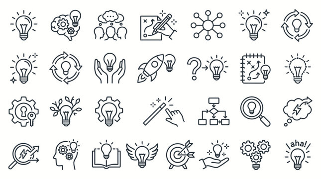 Innovation Idea Icons: Lightbulbs, Brainstorming, Strategy, Rocket, Gears, Growth, Solution