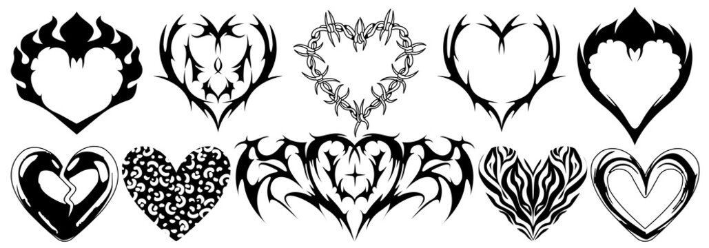 Y2K tribal hearts with flames and gothic wings, edgy tattoo design, vector black icons isolated on white background. Fired vintage art graphics for punk rock aesthetics, broken heart with wire, spikes