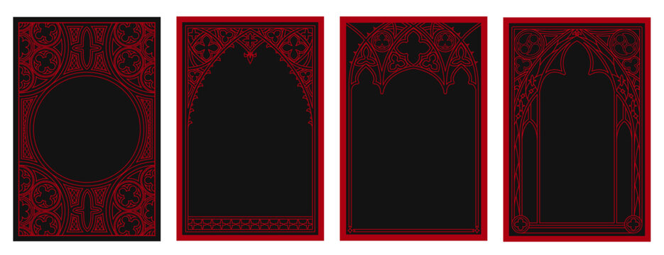 Gothic cathedral window frames with medieval ornament. Vintage circular pattern, ornate circle tracery design for fantasy cards, dark mystic poster. Vector red borders on black background, castle arch