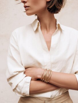 Elegant cropped portrait of a stylish woman in a neutral button-up shirt with gold bangles, arms crossed, showcasing minimalist fashion and modern feminine style against a soft beige background.