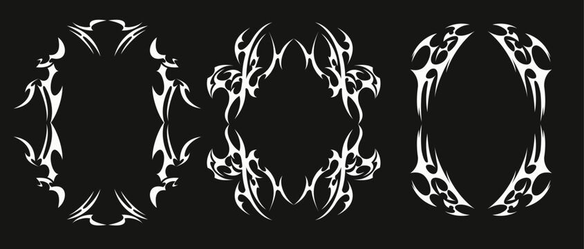 Tribal Y2K tattoo, gothic frames with abstract flame ornaments, sharp pattern, white vector set isolated on black background. Neo tribal rectangular, oval border designs with spiky, horn elements