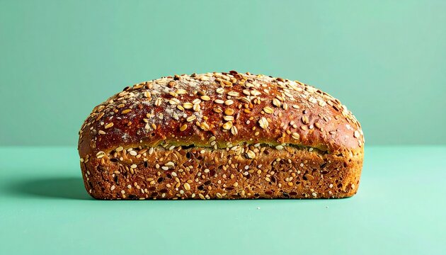 A seeded multigrain bread with visible grains and seeds, rustic bakery styling, pastel mint green background, high detail

