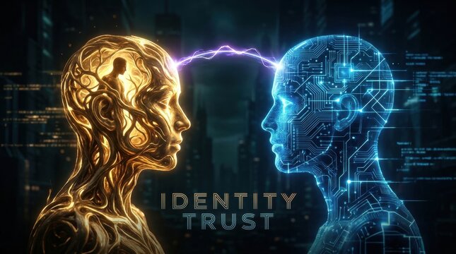 Digital Identity Fusion: Two abstract human heads, one gold and one blue, face each other, connected by a digital lightning bolt symbolizing the fusion of identity and trust in the technological age.