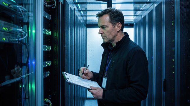 Server Room Technician at Work: A focused technician diligently inspects a row of active server racks in a modern data center, ensuring operational integrity and system performance.