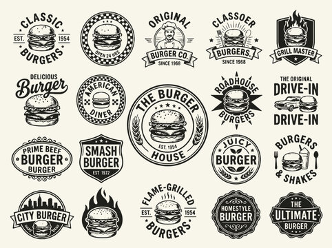 Collection of vintage burger restaurant and grill logos.