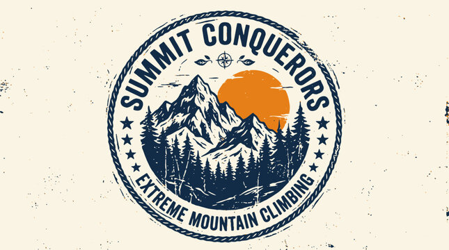 Summit Conquerors vintage circular mountain climbing badge design.