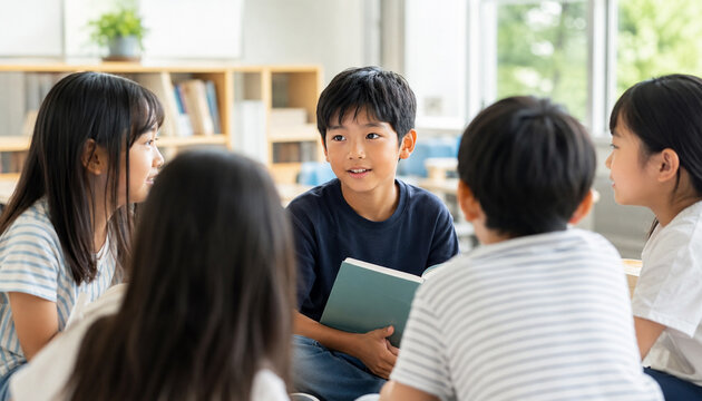 Children Discussing a Book in Bright Classroom for Group Learning and Education
