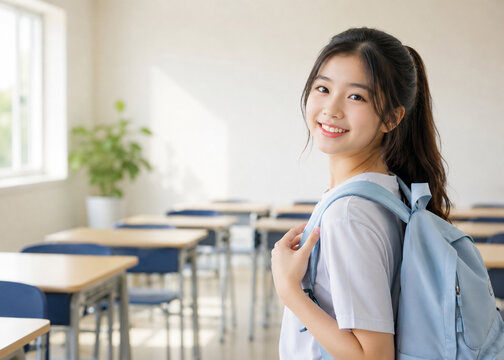 A female student smiling while carrying her backpack in front of a cram school classroom