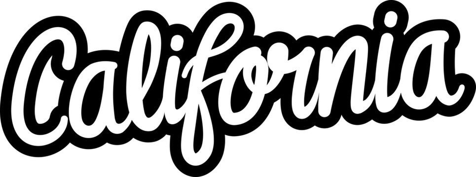Stylized script lettering of the word "California" with a bold black outline and white fill, representing the iconic US state.