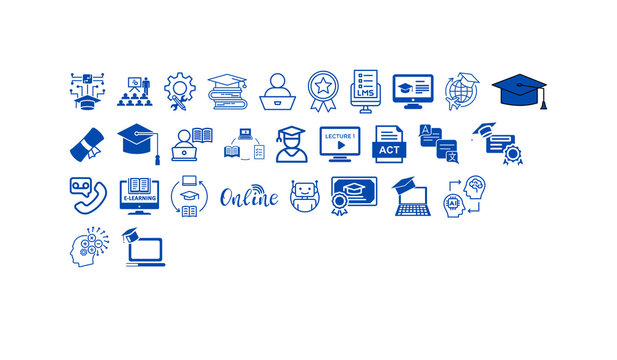 Online education icons set for digital learning university courses and graduation symbols.