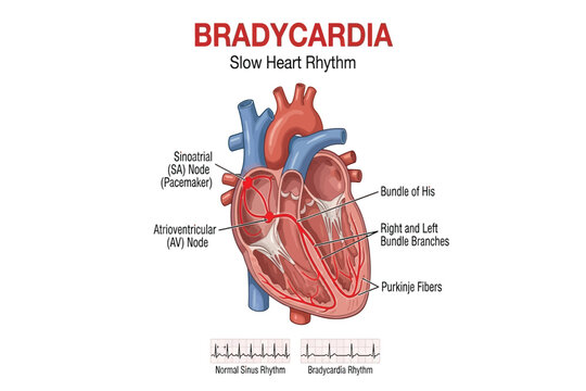 Medical illustration showing bradycardia with slow heart rhythm and labeled cardiac conduction system