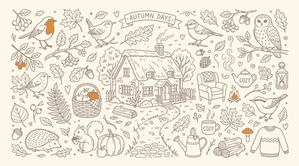 Charming Autumn Cottage Scene with Birds, Squirrel, and Cozy Elements. © Bara