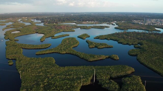 Interlocking green peninsulas form a maze of tidal inlets near a Florida town as the camera glides forward at sunset.
