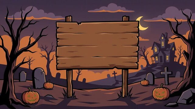 2D Flat Vector Animated Halloween Blank Wooden Billboard Background with Glowing Pumpkins