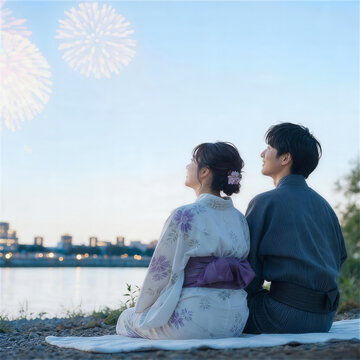 河川敷で浴衣姿の日本人カップルが花火大会を眺める後ろ姿