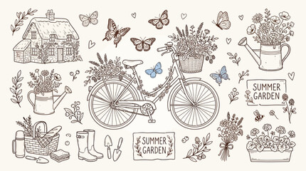 Obraz premium Charming Summer Garden Elements Collection with Bicycle, Cottage, and Watering Cans.