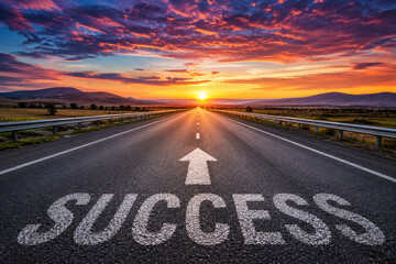 Obraz premium Success road with arrow toward sunset horizon symbolizing motivation achievement and business goals 