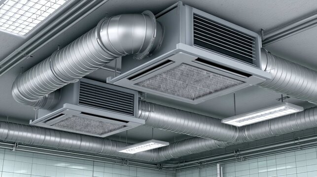Modern Air Conditioning Ducts and Vents in Commercial Building Ceiling for Efficient Climate Control Systems