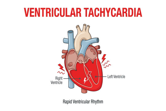 Medical illustration showing ventricular tachycardia with rapid ventricular rhythm and electrical disturbance