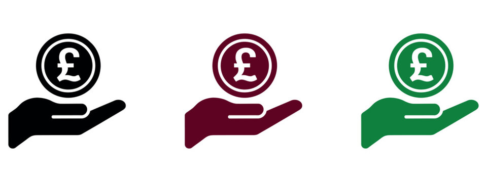 Set of three flat pound sterling currency coin icons held in a hand for financial business use.