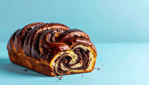 A chocolate babka bread with rich chocolate swirls, bakery showcase style, pastel powder blue background, soft lighting
