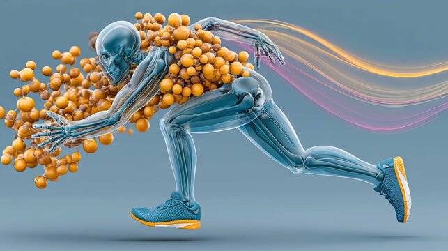 Dynamic human figure sprinting with colorful particles in motion conveying energy and athleticism in a modern design style