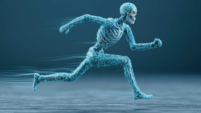 Dynamic Skeleton Illustration Running with Motion Blur and Vibrant Blue Texture in a Modern Art Style