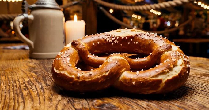 A large, salted pretzel on a rustic wooden table with a traditional beer stein and a glowing candle in the background.