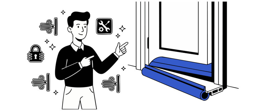 Draft stopper window seal installation by smiling man pointing to blue foam weather strip for home energy saving, security and temperature control; flat vector illustration design showing diy repairs.