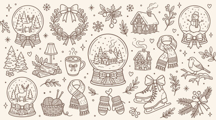 Charming Hand-Drawn Winter Elements Collection: Snow Globes, Cozy Scenes, and Festive Decorations. © Bara
