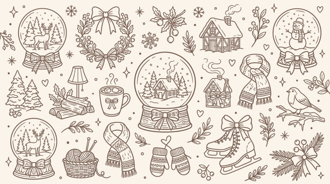 Charming Hand-Drawn Winter Elements Collection: Snow Globes, Cozy Scenes, and Festive Decorations.