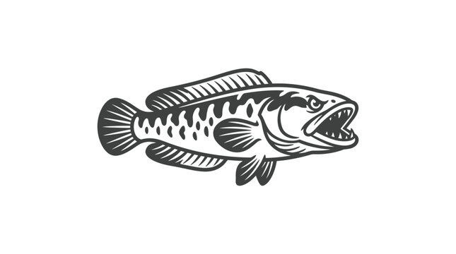A detailed black and white illustration of a predatory snakehead fish with sharp teeth.