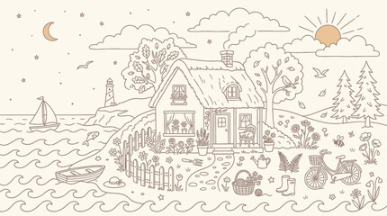 Fototapeta premium Charming illustration of a cozy cottage by the sea with a lighthouse and sailboat, depicting a peaceful summer day.