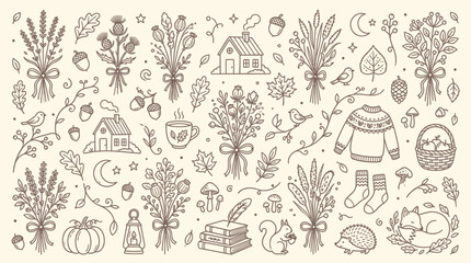 Fototapeta premium Charming Hand-Drawn Autumnal Elements Collection with Cozy Seasonal Motifs.