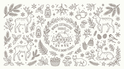 Whimsical Winter Cottagecore Doodles with Reindeer, Fox, and Snowy Elements. © Bara
