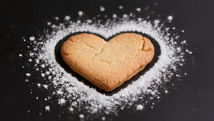 Obraz premium Heart-Shaped Cookie with Powdered Sugar on Black Background, Love and Sweetness Concept