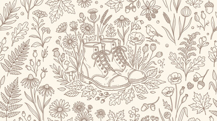 Vintage illustration of a pair of boots surrounded by a pattern of autumn leaves and flowers. © Bara