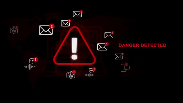 Cyber security alert: danger detected warning with email phishing and malware on digital map background